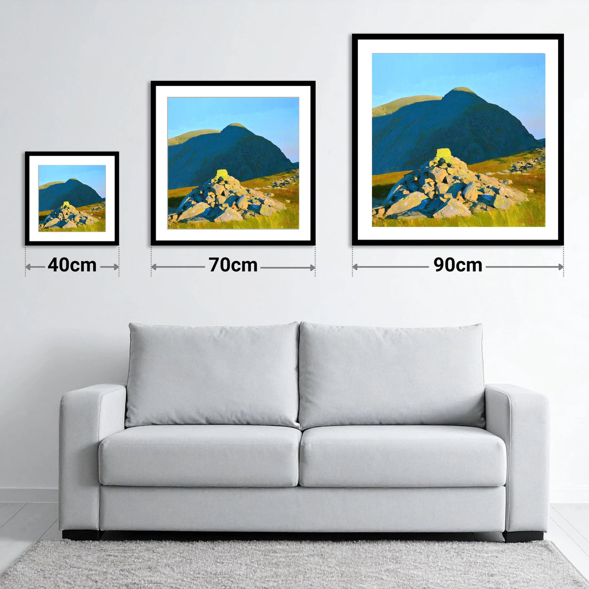 Sunlit Cairn Below Brandreth Peak - size guide showing 40cm, 70cm and 90cm art prints