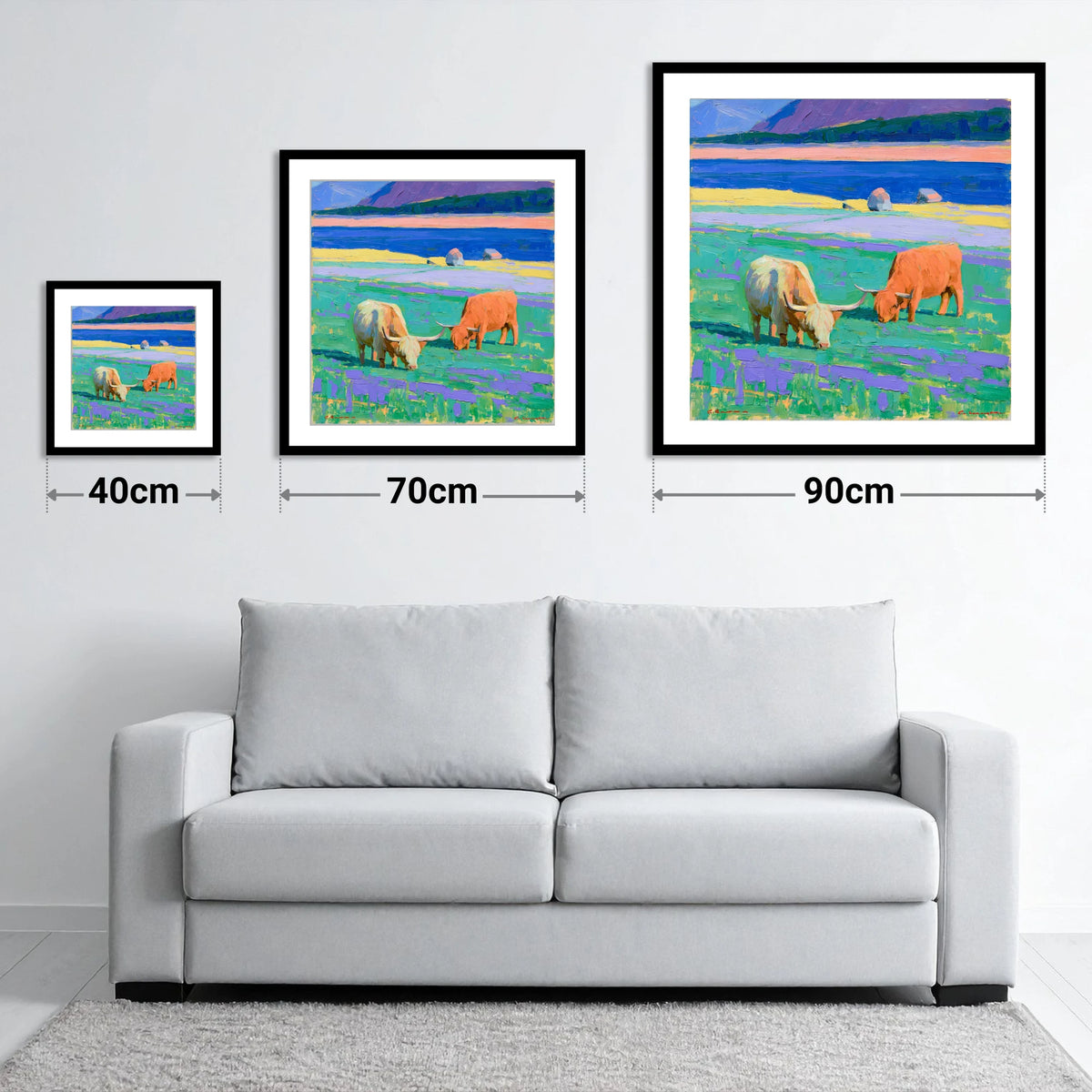 Vibrant Highland Cattle Pasture - size guide showing 40cm, 70cm and 90cm art prints
