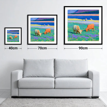 Vibrant Highland Cattle Pasture - size guide showing 40cm, 70cm and 90cm art prints