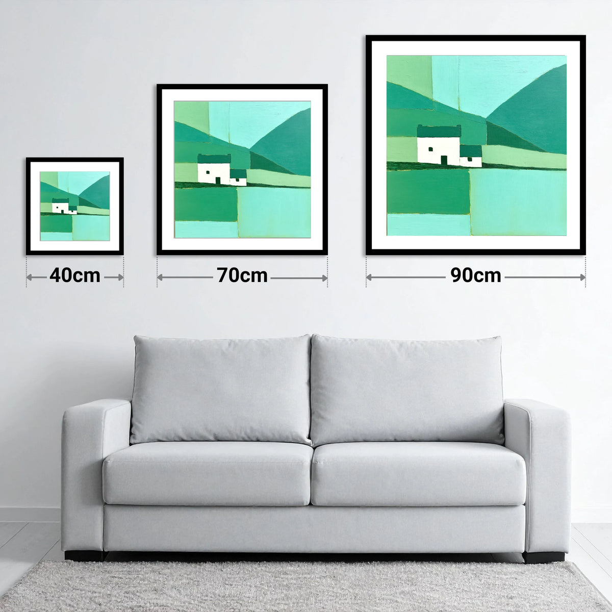 Geometric Grasmere Cottage and Fells - size guide showing 40cm, 70cm and 90cm art prints
