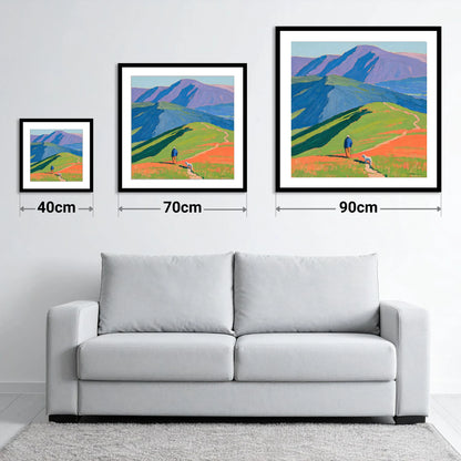 Vibrant Walker and Dog on Latrigg - size guide showing 40cm, 70cm and 90cm art prints