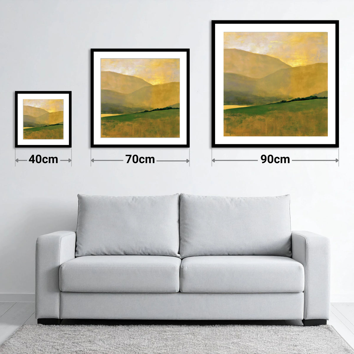 Golden Fells and Green Valley - size guide showing 40cm, 70cm and 90cm art prints