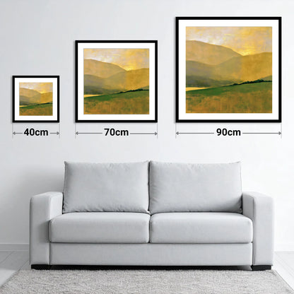Golden Fells and Green Valley - size guide showing 40cm, 70cm and 90cm art prints