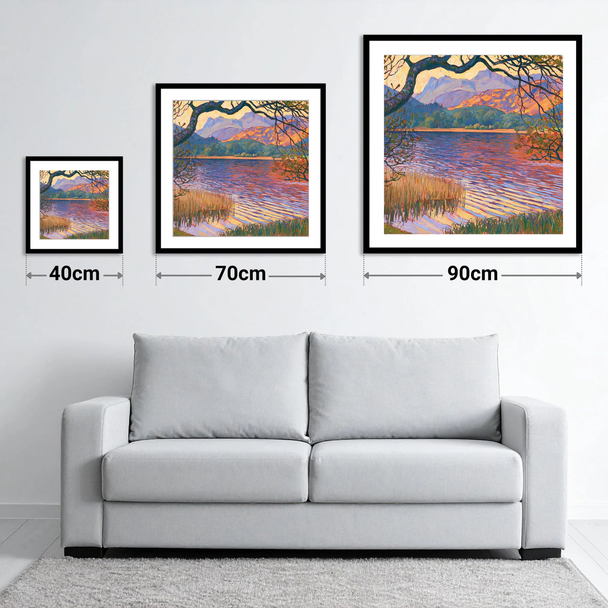 Elterwater Framed by Trees - size guide showing 40cm, 70cm and 90cm art prints
