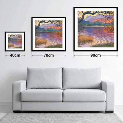 Elterwater Framed by Trees - size guide showing 40cm, 70cm and 90cm art prints