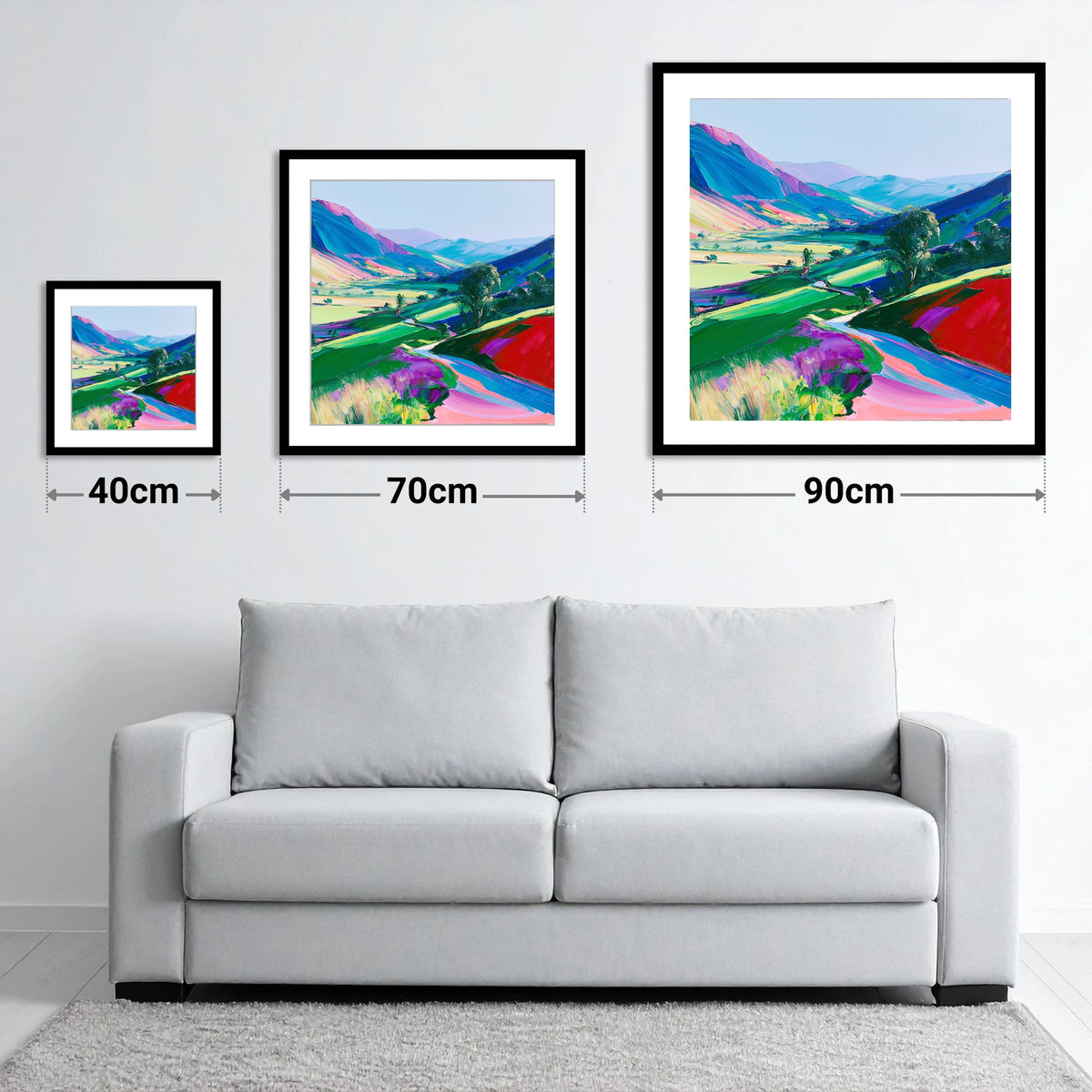 Vibrant Evening Light on Fells - size guide showing 40cm, 70cm and 90cm art prints