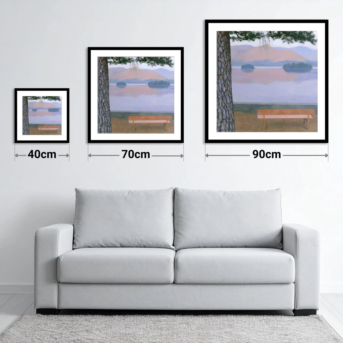 Derwentwater Dusk from Friar's Crag - size guide showing 40cm, 70cm and 90cm art prints