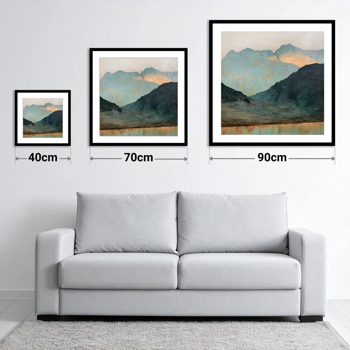 Langdale Pikes in Golden Light - size guide showing 40cm, 70cm and 90cm art prints
