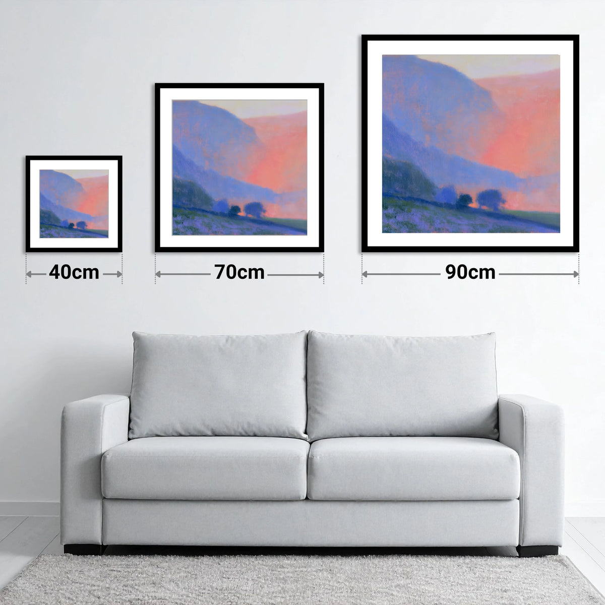 Post-Rain Glow Over the Fells - size guide showing 40cm, 70cm and 90cm art prints
