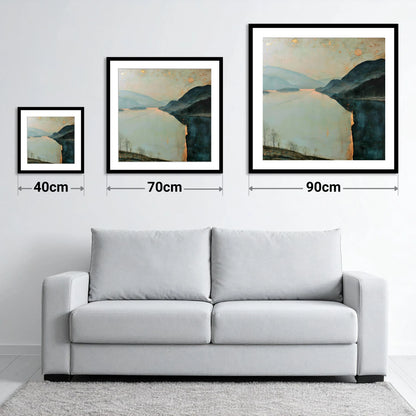 Ullswater in Slate and Gold - size guide showing 40cm, 70cm and 90cm art prints