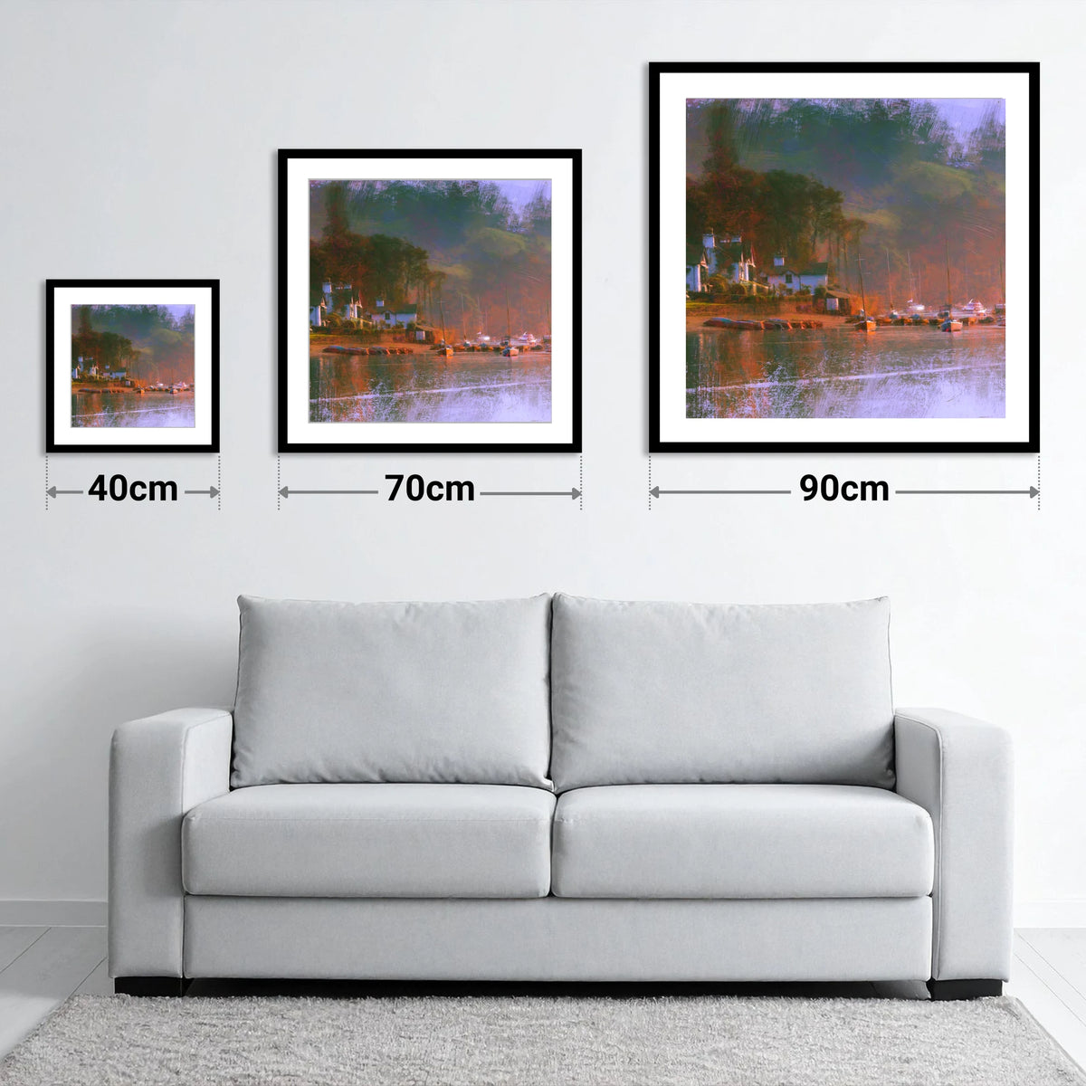 Autumn Light on Bowness Bay - size guide showing 40cm, 70cm and 90cm art prints