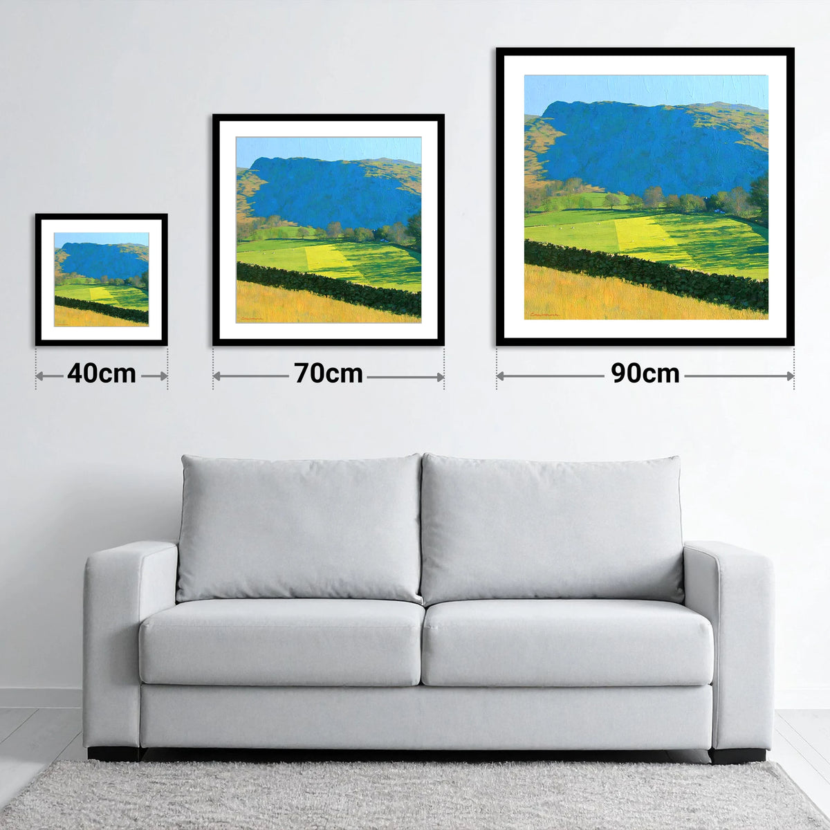 Sunlit Fields Below Troutbeck Tongue - size guide showing 40cm, 70cm and 90cm art prints