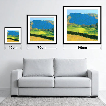 Sunlit Fields Below Troutbeck Tongue - size guide showing 40cm, 70cm and 90cm art prints