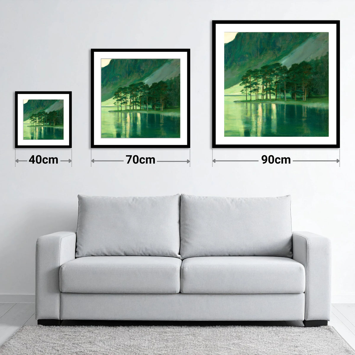 Buttermere Pines in Emerald Light - size guide showing 40cm, 70cm and 90cm art prints