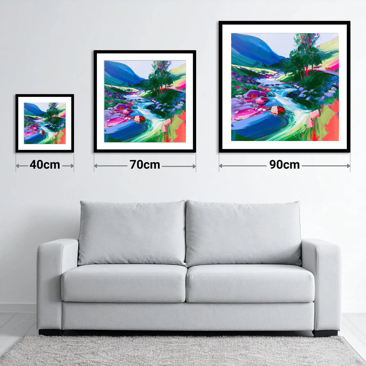 Electric Blue Rushing Fellside Beck - size guide showing 40cm, 70cm and 90cm art prints