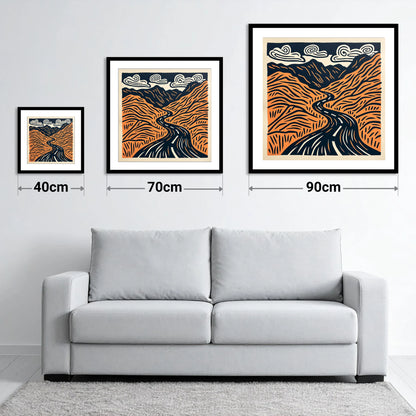 Bold Hardknott Pass Mountain Road - size guide showing 40cm, 70cm and 90cm art prints