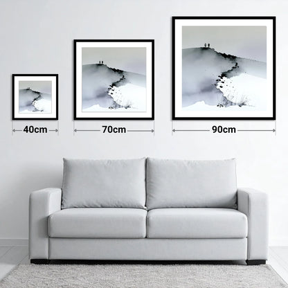 Monochrome Fell Top Hikers - size guide showing 40cm, 70cm and 90cm art prints