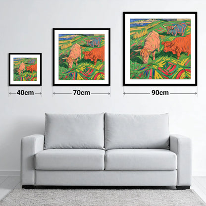 Vibrant Highland Cattle Grazing - size guide showing 40cm, 70cm and 90cm art prints