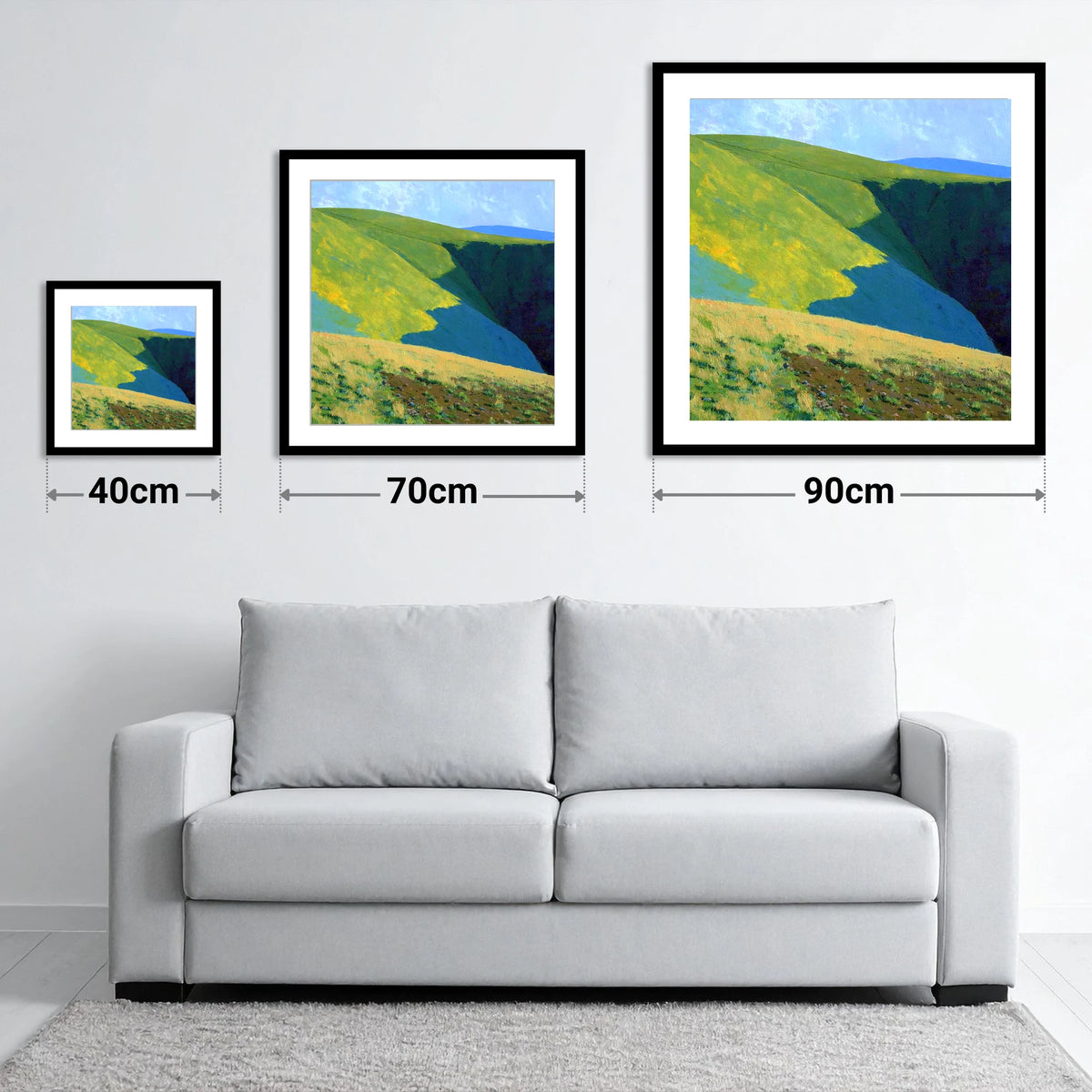 Vibrant Slopes of Meal Fell - size guide showing 40cm, 70cm and 90cm art prints