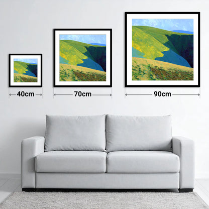 Vibrant Slopes of Meal Fell - size guide showing 40cm, 70cm and 90cm art prints