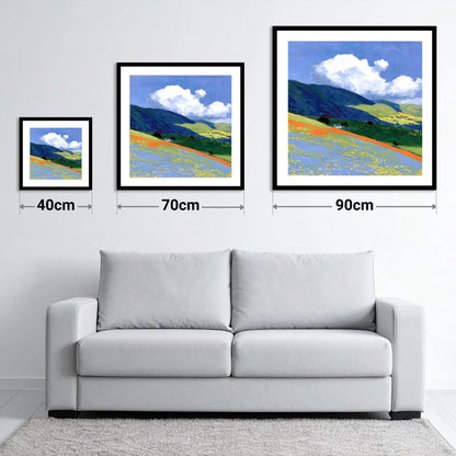 Rolling Fells Under Bright Clouds - size guide showing 40cm, 70cm and 90cm art prints