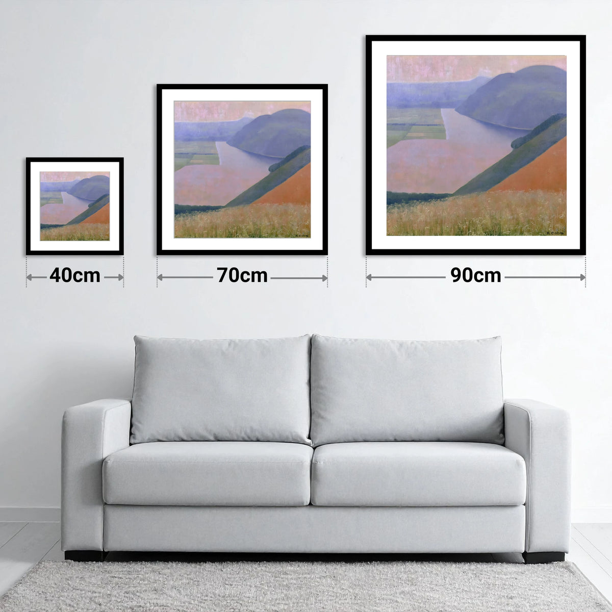 Lavender Dusk Over Bassenthwaite Lake - size guide showing 40cm, 70cm and 90cm art prints