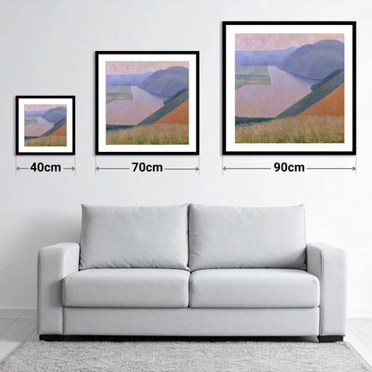 Lavender Dusk Over Bassenthwaite Lake - size guide showing 40cm, 70cm and 90cm art prints