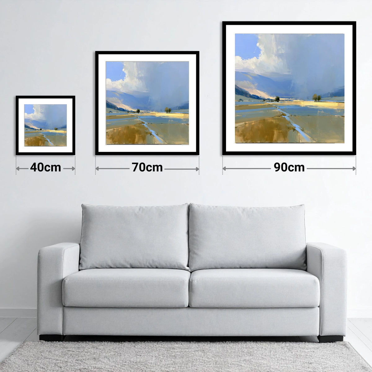 Storm Clouds Over Valley Fells - size guide showing 40cm, 70cm and 90cm art prints