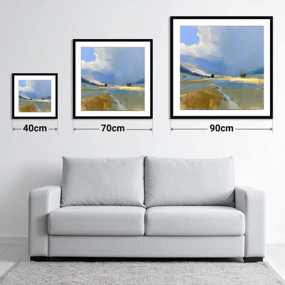 Storm Clouds Over Valley Fells - size guide showing 40cm, 70cm and 90cm art prints
