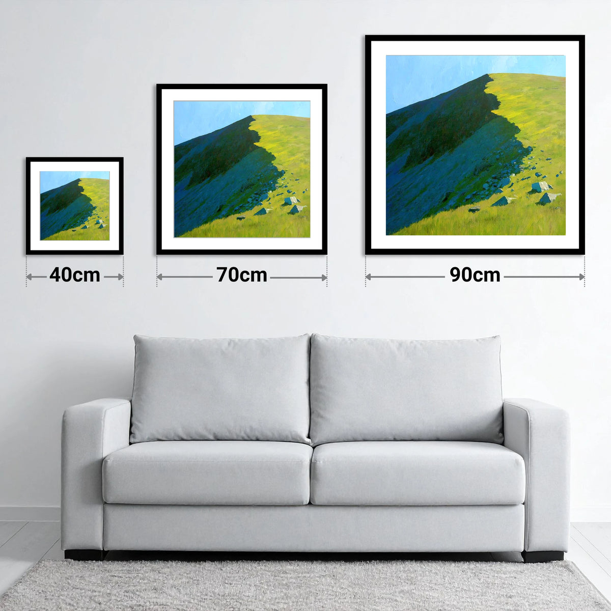 Striking Shadows on Caw Fell - size guide showing 40cm, 70cm and 90cm art prints