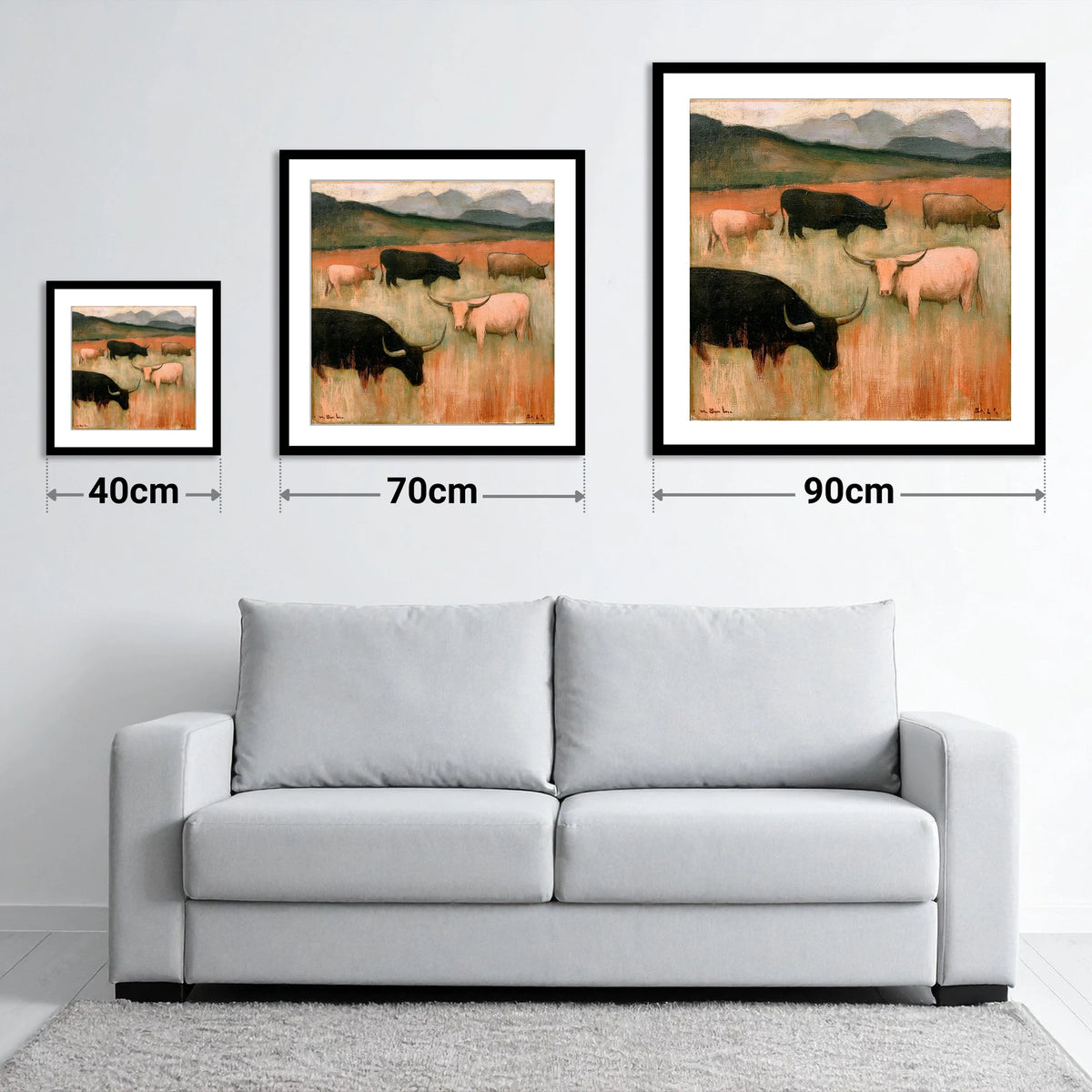Highland Cattle on Warm Fells - size guide showing 40cm, 70cm and 90cm art prints