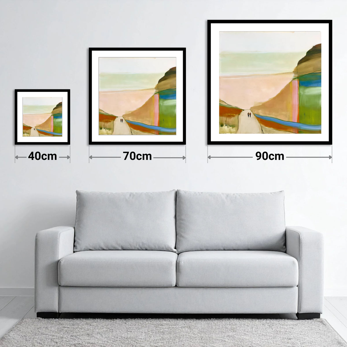 Walkers on a Bold Mountain Path - size guide showing 40cm, 70cm and 90cm art prints