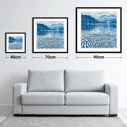 Cobalt Blue Lake at Dawn - size guide showing 40cm, 70cm and 90cm art prints