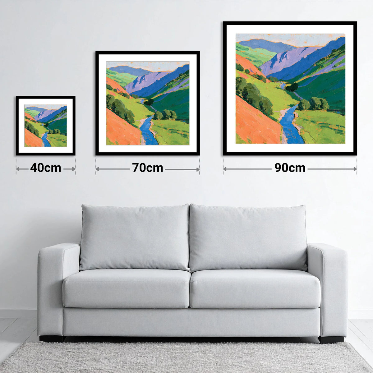 Cobalt River In Green Valley - size guide showing 40cm, 70cm and 90cm art prints