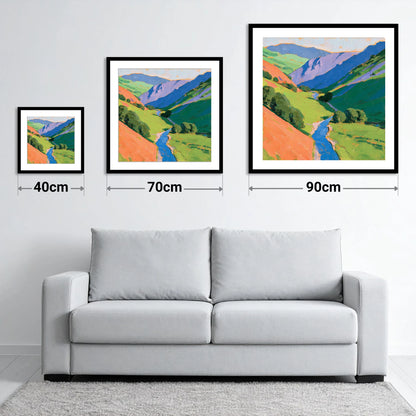 Cobalt River In Green Valley - size guide showing 40cm, 70cm and 90cm art prints