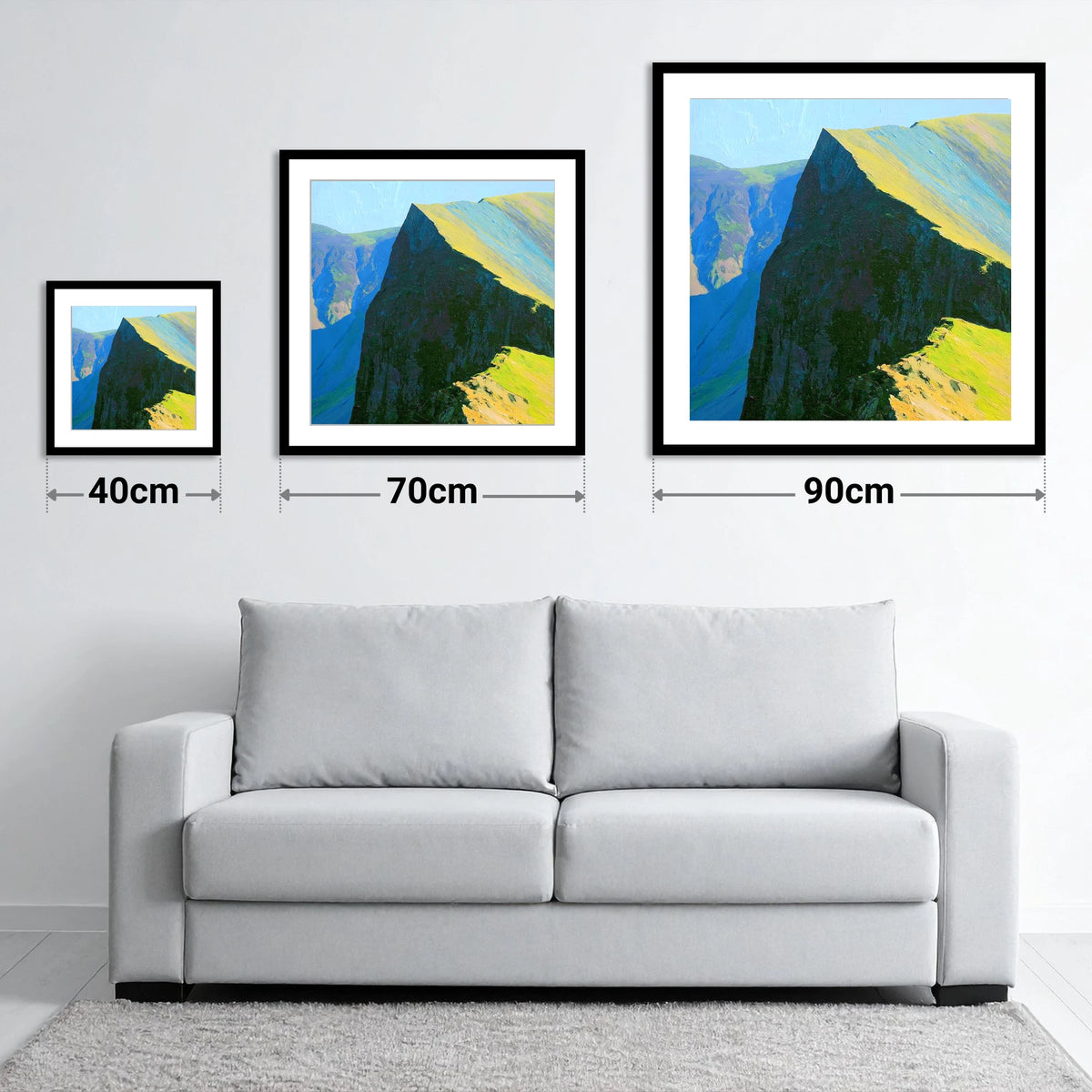 Sunlit Ridge at Hopegill Head - size guide showing 40cm, 70cm and 90cm art prints
