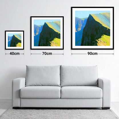 Sunlit Ridge at Hopegill Head - size guide showing 40cm, 70cm and 90cm art prints