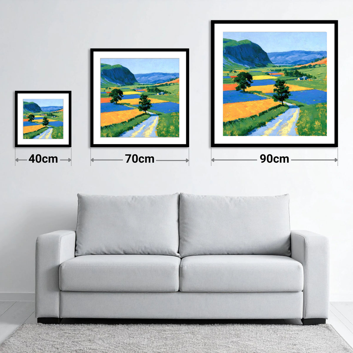 Bright Dale Patchwork Fields - size guide showing 40cm, 70cm and 90cm art prints