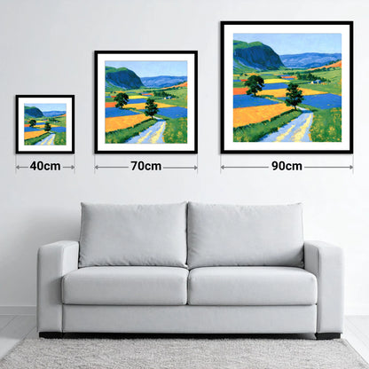 Bright Dale Patchwork Fields - size guide showing 40cm, 70cm and 90cm art prints