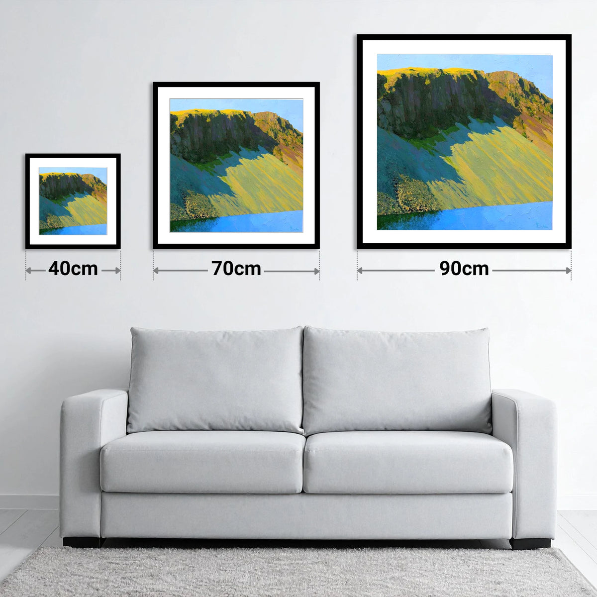 Sunlit Screes of Illgill Head - size guide showing 40cm, 70cm and 90cm art prints