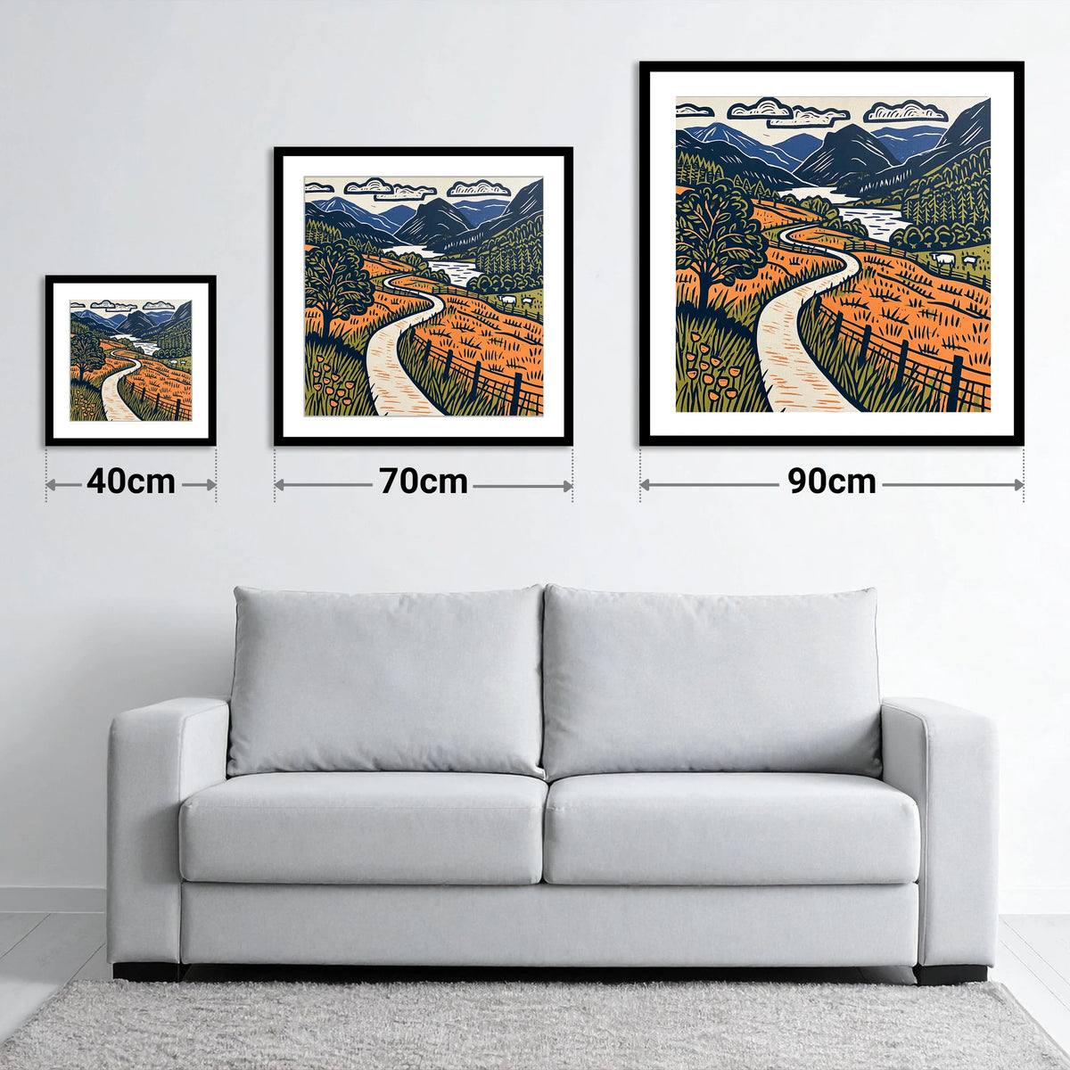 Terracotta Borrowdale Valley Path - size guide showing 40cm, 70cm and 90cm art prints