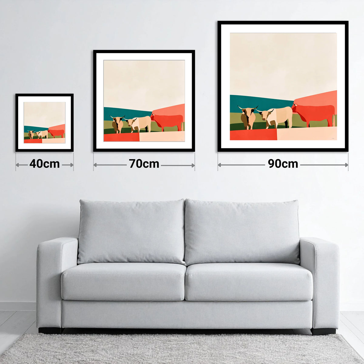 Abstract Highland Cattle and Fells - size guide showing 40cm, 70cm and 90cm art prints