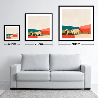 Abstract Highland Cattle and Fells - size guide showing 40cm, 70cm and 90cm art prints