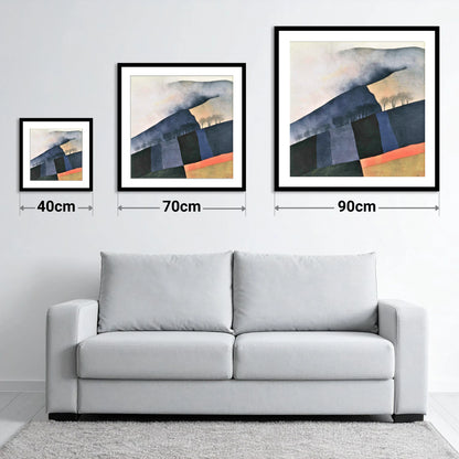Misty Mountain Ridge in Indigo - size guide showing 40cm, 70cm and 90cm art prints