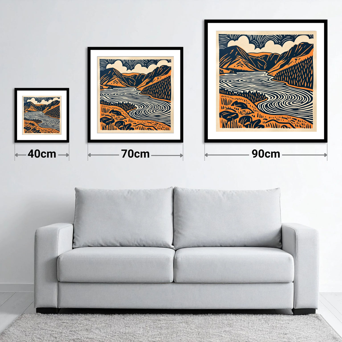 Navy and Terracotta Crummock Water - size guide showing 40cm, 70cm and 90cm art prints