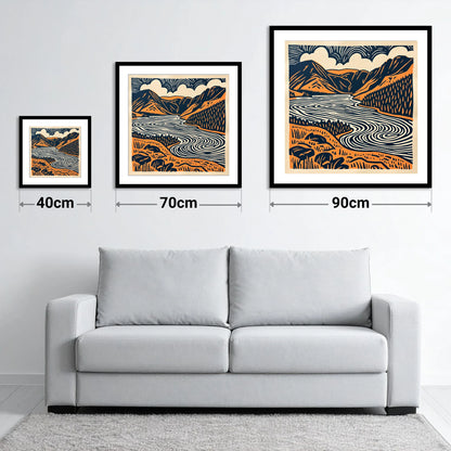 Navy and Terracotta Crummock Water - size guide showing 40cm, 70cm and 90cm art prints