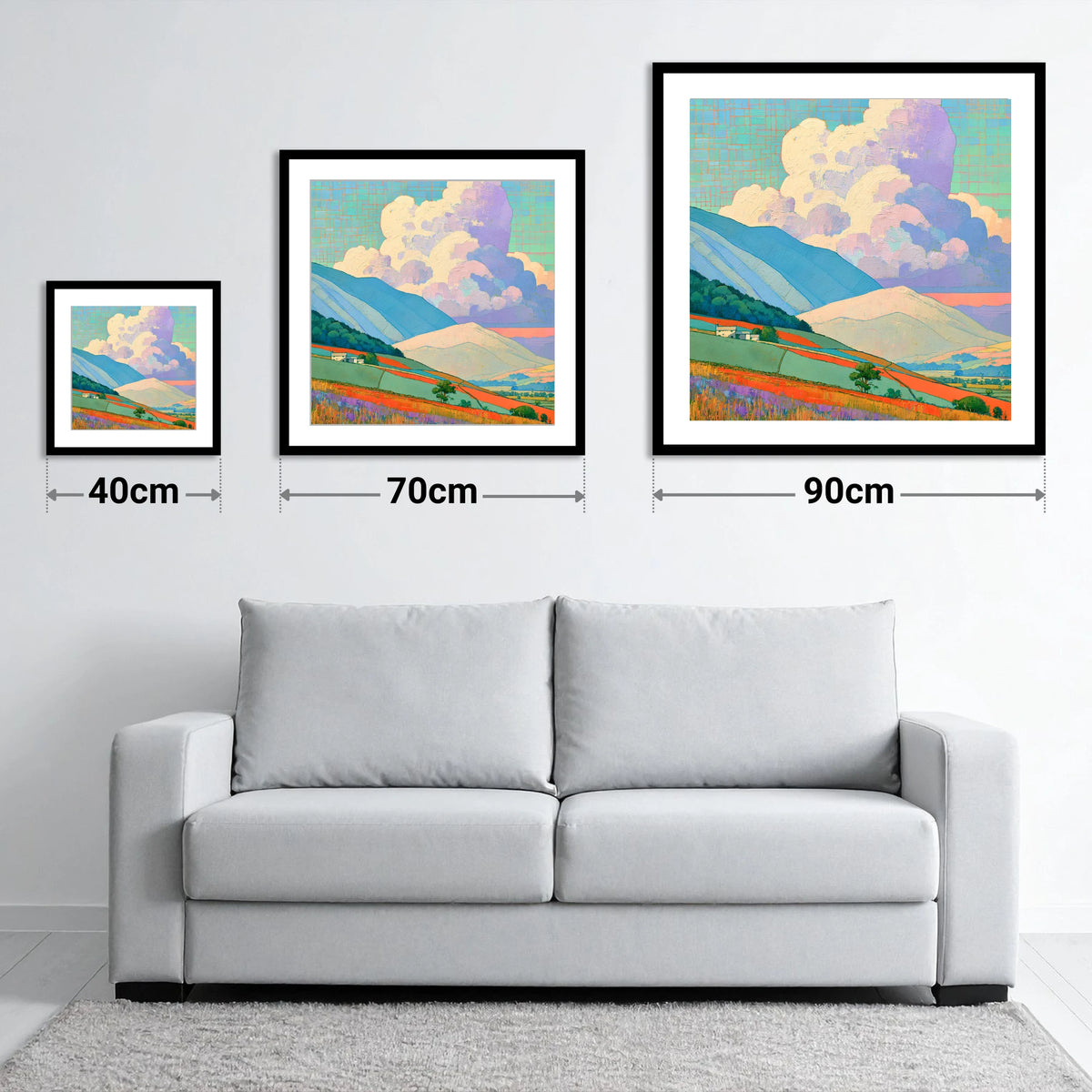 Vibrant Storm Clouds Over Fells - size guide showing 40cm, 70cm and 90cm art prints
