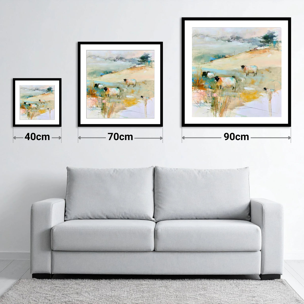 Contemporary Herdwick Sheep on Fellside - size guide showing 40cm, 70cm and 90cm art prints