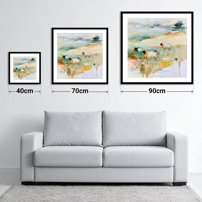 Contemporary Herdwick Sheep on Fellside - size guide showing 40cm, 70cm and 90cm art prints
