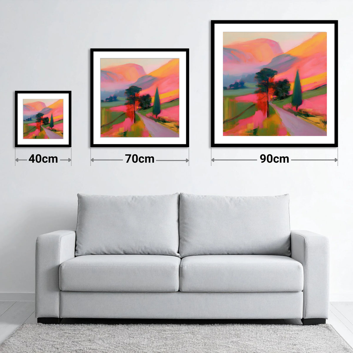 Neon Morning Valley Mist - size guide showing 40cm, 70cm and 90cm art prints
